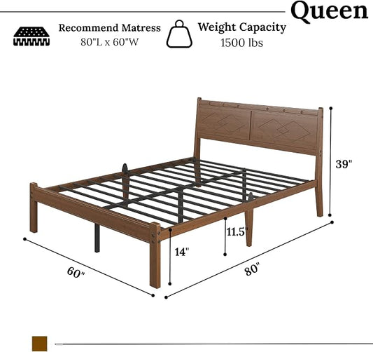Askeld 14 inch Bamboo Queen Bed Frame with Headboard, Light Cottagecore Solid Wood Platform Bed No Box Spring Needed, Easy Assembly, Noise Free, Light Walnut Color