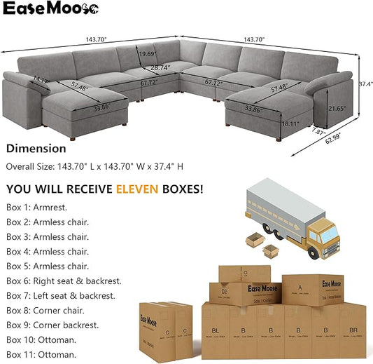 EASE MOOSE Oversized Sectional Modular Sofa,Comfortable Modern U Shape Sectional Couch Wide Deep seat Sectional Sofa,Grey