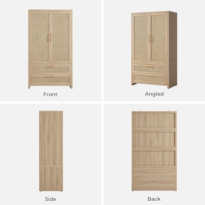 SICOTAS Rattan Armoire Wardrobe Closet Cabinet, 71" Wardrobe Storage Cabinet with 2 Drawers, and Hanging Rod, Boho Large-Capacity Deep Armoire Clothes Organizer for Bedroom, Cloak Room, Light Oak