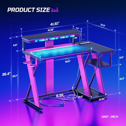 Bestier Computer Desk with Music Sync Light, Flow Vibe Corner Gaming Desk with Monitor Stand and PS5 Storage Shelves, Cup Holders, and Headset Hooks for Bedroom Small Space (Black Purple, 42 Inch)