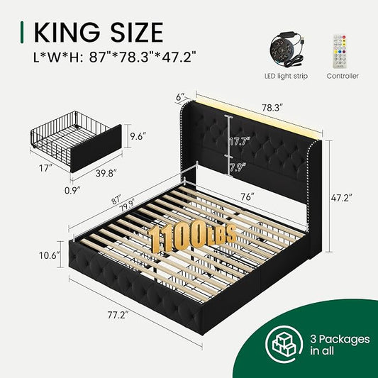 LARMACE King Size Bed Frame with LED Lights and 4 Storage Drawers Velvet Upholstered Platform Bed Frame with 47.2" Tall Tufted Headboard Wingback, No Box Spring Needed, Easy to Assemble, Black