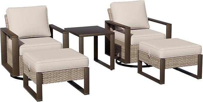 Outdoor Patio Swivel Rocker Chairs, 5 Pieces Wicker Furniture Set, 2 Swivel Rocking Chairs, 2 Ottoman and 1 Table, Metal Wide Armrest, Thick Cushions and Deep Seating for Garden, Backyard, Porch, Deck