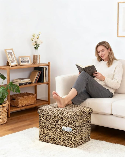 Bsketa Storage Ottoman Foot Rest Stool, Small Velvet Storage Ottomans Bench, Folding Footstool with Side Pockets, Foot Rest Under Desk for Living Room Bedroom, 17x13x13 in, Leopard Print
