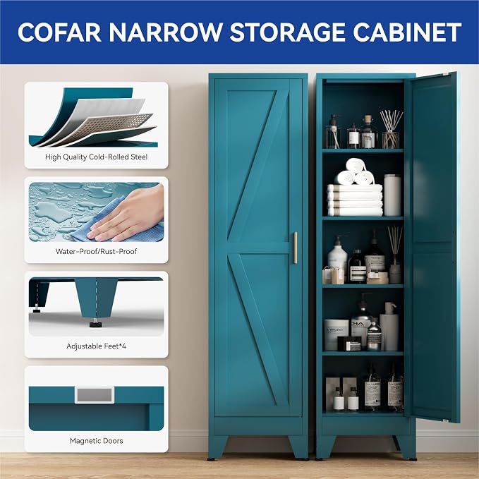 COFaR 67'' Tall Narrow Bathroom Storage Cabinet, Metal Farmhouse Skinny Pantry Cabinet with 4 Adjustable Shelves and One Door, Slim Cabinet Storage for Kitchen Laundry, 5-Tier Peacock Blue