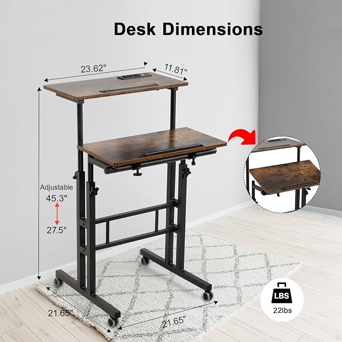 Hadulcet Mobile Standing Desk with Wheels, Rolling Desk Adjustable Height, Portable Laptop Table with Charging Station, Sit Stand up for Home Office, Study, Classroom, Rustic Brown