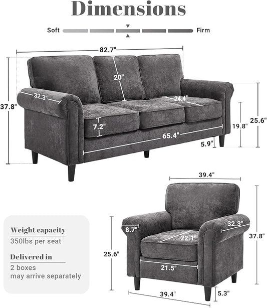 Kingfun 3 Seater Couch with Chair, Mid Century Modern Sofa Set with Rolled Arms and Deep Seats, Fluffy Comfort for Living Room, Apartment, Easy Assembly, Grey