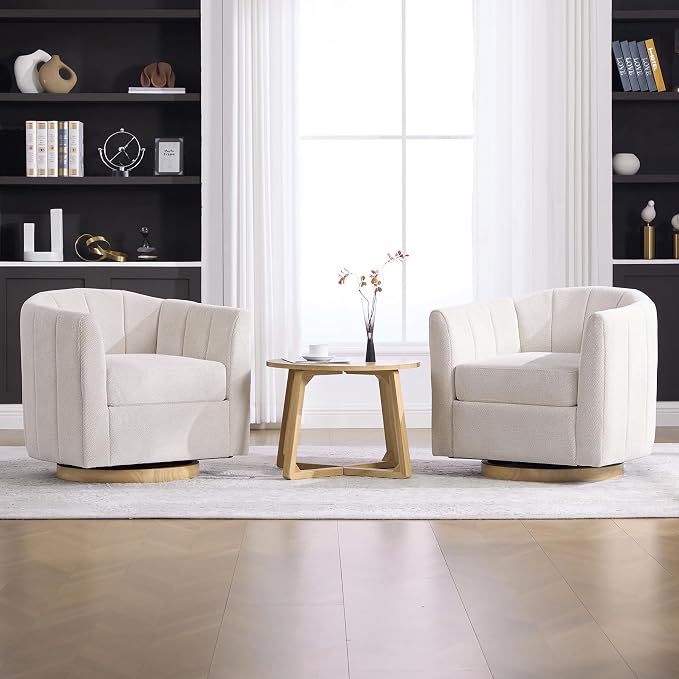 Swivel Barrel Chair Set of 2, 360 Degree Round Swivel Accent Chair for Living Room, Mid Century Modern Upholstered Accent Chair,Comfy Tufted Sofa Armchairs for Bedroom,Nursery,Chenille, Beige