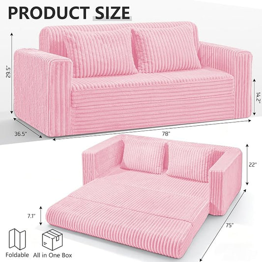 HABUTWAY 78" Loveseat Boneless Couch, 4-in-1 Convertible Sofa Bed, Plush Fur Folding Futon Sofa Bed Couches with 2 Pillows for Living Room, High-Density Foam Support, No Assembly Required, Pink