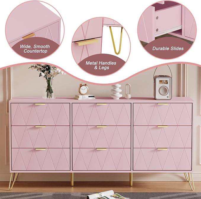 Anbuy Bedroom Sets 3 Pieces Pink Modern 9 Drawer Dresser and Nightstand Sets for Bedroom, Two Drawers Nightstand Set of 2 & 9 Drawer Dresser Combo 3 Pcs (Pink)