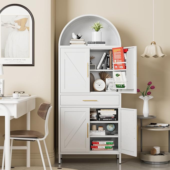 73”H Metal Arched Kitchen Pantry Cabinet with 1 Drawer, Farmhouse Pantry Cabinet with 4 Doors and 3 Adjustable Shelves for Kitchen, Dining Room, White