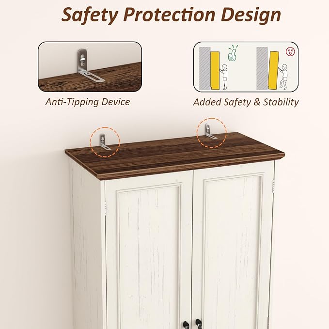 Function Home Farmhouse Kitchen Pantry Cabinet, 72" Tall Storage Cabinet with Doors and Adjustable Shelves, 6 Tier Freestanding Cupboard for Dining Room Living Room Bathroom, Antique White & Brown Top