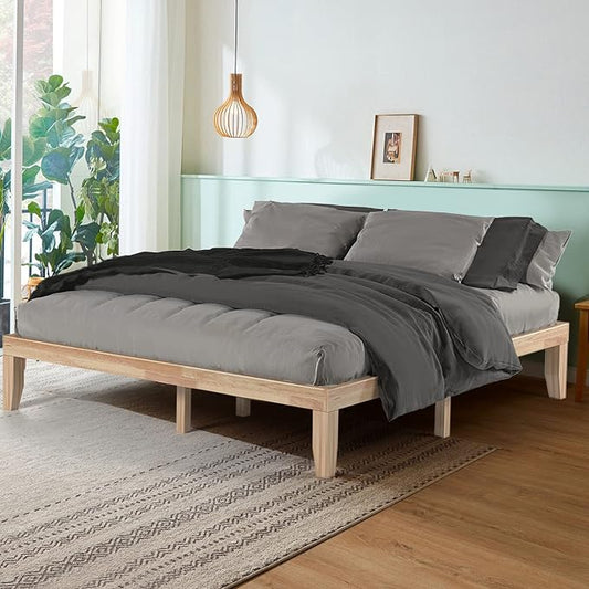COSTWAY King Size Platform Bed Frame, 14 Inches Solid Rubber Wood Bed Mattress Foundation with Sturdy Slats Support, Easy Assembly Bed Frame for Home Hotel, No Box Spring Needed (Natural, King)