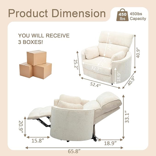 450lbs Oversized Power Recliner Chair, 53" Extra Wide Electric Recliner for Big and Tall Adults, Single Sofa with USB & Type-C Ports, Pillows, Chair for Living Room, Bedroom, Office (White)