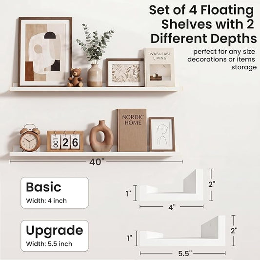 Axeman Picture Ledge Shelf | 40 Inch Floating Shelves Set of 4 | White Wall Shelves with Lip | White Picture Shelf for Wall with Ledge | Wood Photo Ledges for Living Room Bedroom