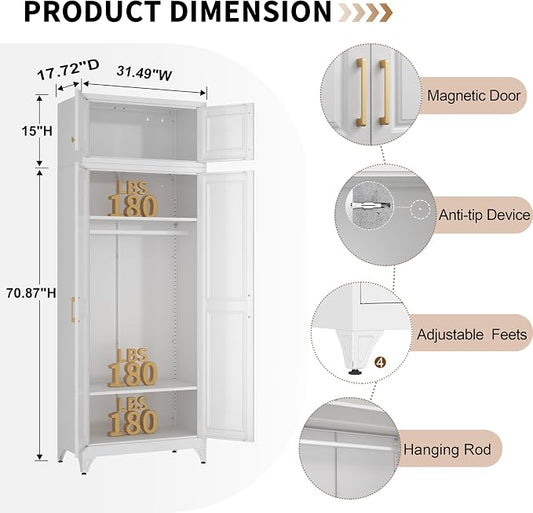 86" Metal Wardrobe Cabinets,Armoire Wardrobe Closet with Hanging Rod,Clothes Storage Cabinet with Adjustable Shelves and Doors,Clothing Cabinet for Bedroom, Laundry Room,Office