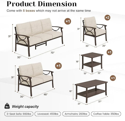 FansaFurn 6-Pieces Outdoor Patio Furniture Set, Outdoor Metal Sectional Furniture with Cushions, Outdoor Conversation Seating Set with Coffee Table for Garden, Balcony, Deck, Backyard, Khaki