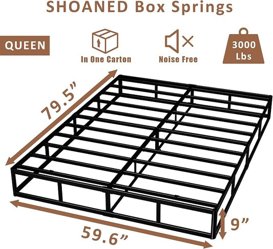 SHOANED Metal Box Spring Queen Size - 9 Inch High Profile Heavy Duty Black Bed Base Non Slip Mattress Foundation Box Springs for Queen Bed, Easy Assembly, No Noise