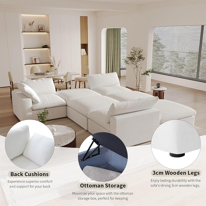 Cloud Couch Modular Sectional Sofa,160.6" Down Filled Convertible Sectional Sofa for Living Room, 5 Seater Modern V-Shaped Couch, Covers Removable & Washable, Khaki