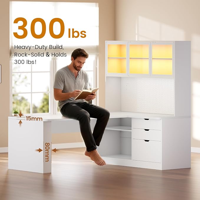SEDETA L Shaped Computer Desk, L Shaped Corner Gaming Desk with 3 Wood Drawer and Large Bookshelf, Home Office Desk with LED Light, Display Cabinet and Pegboard, 27.5" W Large Desktop Table, White