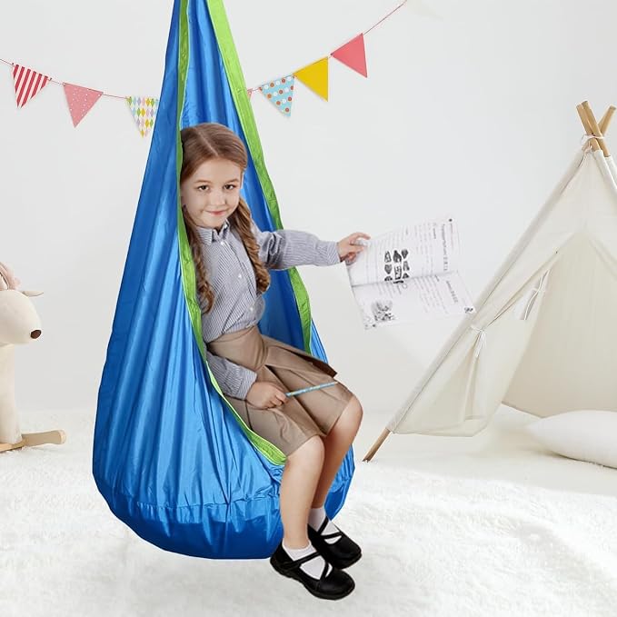 Kids Swing Seat Hammock Chair Indoor Outdoor Hanging Chair for Children,Soft & Safe with High Weight Capacity, Easy Install Perfect for Bedroom, Garden, Playroom(Blue)