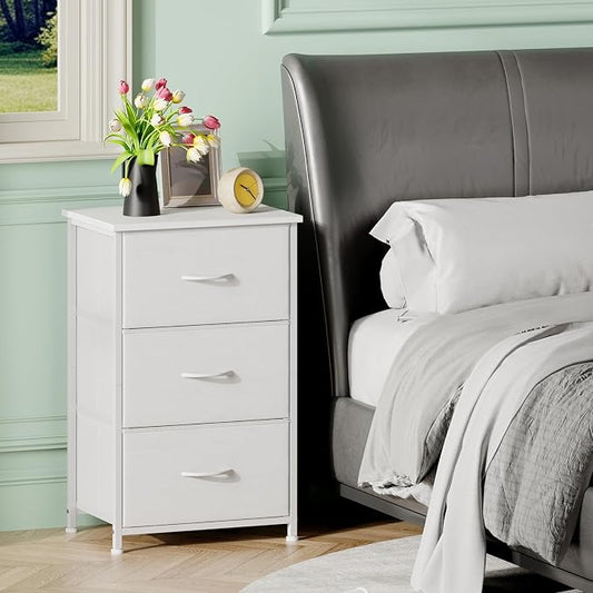 Somdot Dresser for Bedroom with 3 Drawers, Storage Organizer Chest of Drawers with Removable Fabric Bins for Closet Bedside Living Room Laundry Entryway Hallway, White Leather