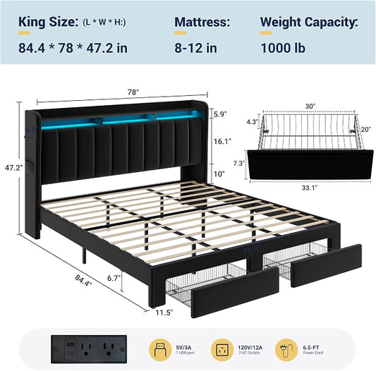 Allewie King Size Bed Frame with 2-Tier LED Storage Headboard, Velvet Upholstered King Platform Bed with 2 Storage Drawers, USB & Type-C Charging Ports, Noise-Free/No Box Spring Needed, Black