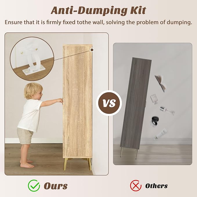 JASIWAY Tall Bathroom Storage Cabinet 57" Rattan Pantry Cabinet, Wood | With Doors and Adjustable Shelves, Freestanding Linen Closet & Wardrobe for Bathroom Laundry Bedroom, Anti-Tipping Device