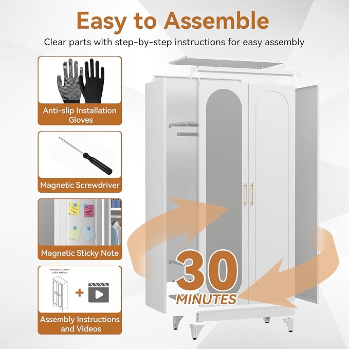 Polup Metal Armoire Wardrobe Closet with Mirror, 71" Tall Steel Clothing Storage Cabinet with Doors, Hanging Rod and Adjustable Shelves, Freestanding Clothes Organizer for Bedroom, Office, White