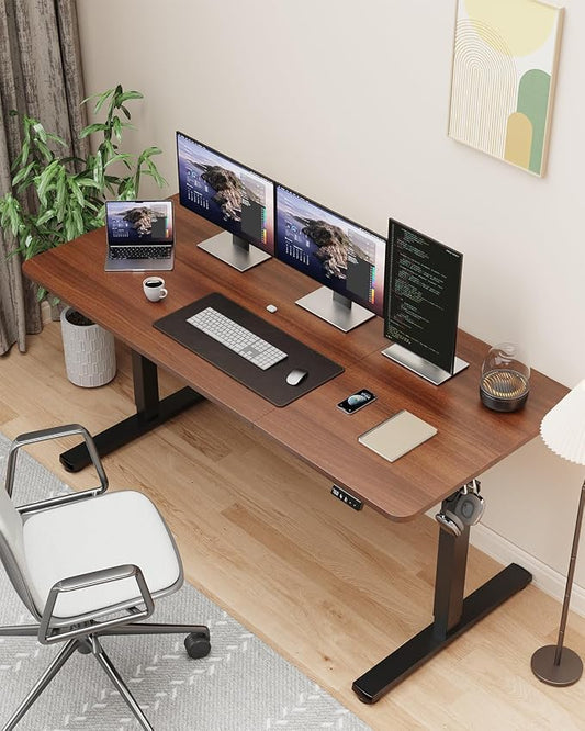 55" Electric Standing Desk Adjustable Height, Sit Stand up Desk for Home Office & Computer Workstation, 2 Memory Height Settings, Splice Board, 2 Hooks, Black Frame/Walnut Top