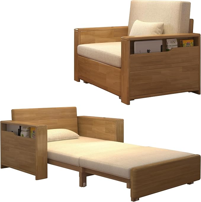 48" Natural Wood Tone Solid Wood Frame, 3-in-1 Sleeper Sofa with Storage | Solid wood sofa for living rooms, apartments & offices — single-size, it works as a guest bed to maximize small space.