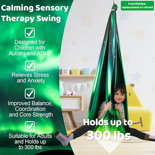 HiCamer Double Layer Sensory Swing for Kids & Adults Holds up to 300lbs Indoor and Outdoor Therapy Cuddle Swing with 360° Swivel Hanger Kit Adjustable Swing with Aspergers Autism ADHD (Aurora Green)