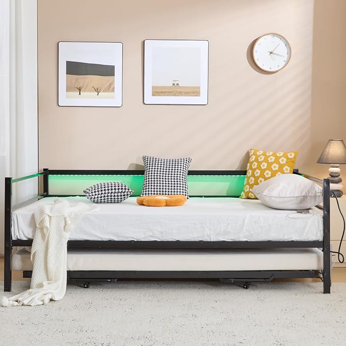 VINGLI Daybed with Trundle Bed Twin, Charging Station and LED Lights,Heavy Duty Metal Twin Daybed with Pop up Trundle for Living Room,Bedroom,Guest Room, No Box Spring Needed,Black