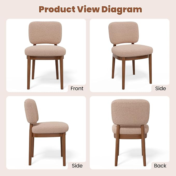 Wooden Dining Chairs Set of 6, Boucle Upholstered Kitchen Chairs with Solid Wood Legs, Mid Century Modern Dining Chairs, Farmhouse Side Chair with Hardwood Frame for Dining Room, Khaki