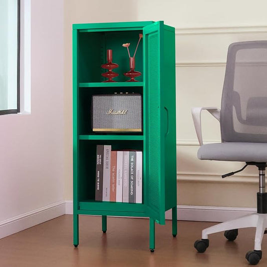 Slim Metal Storage Cabinet with Mesh Doors - 42'' Tall Narrow Organizer Tower, Compact Freestanding Cabinet, Versatile Utility Storage for Home, Office, Kitchen, Living Room, Durable and Modern Design