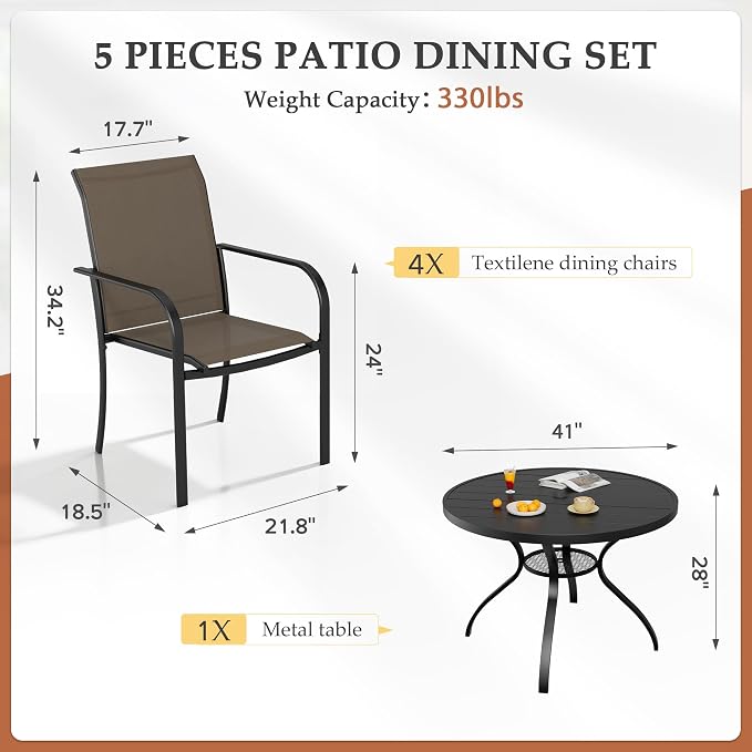 SUNCROWN 5 - Piece Outdoor Dining Set, Patio Furniture Set with 4 x Textilene Dinning Chairs and 41" Metal Round Table with Umbrella Hole for Lawn Garden Backyard Deck, Brown