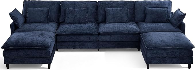 113" Chenille Modular Sectional Sofa, Convertible L Shaped Modular Sofa Comfy Cloud Couch with Ottoman, Side Pockets and 5 Throw Pillows for Living Room (Blue, 150.6" - 6 Seats)