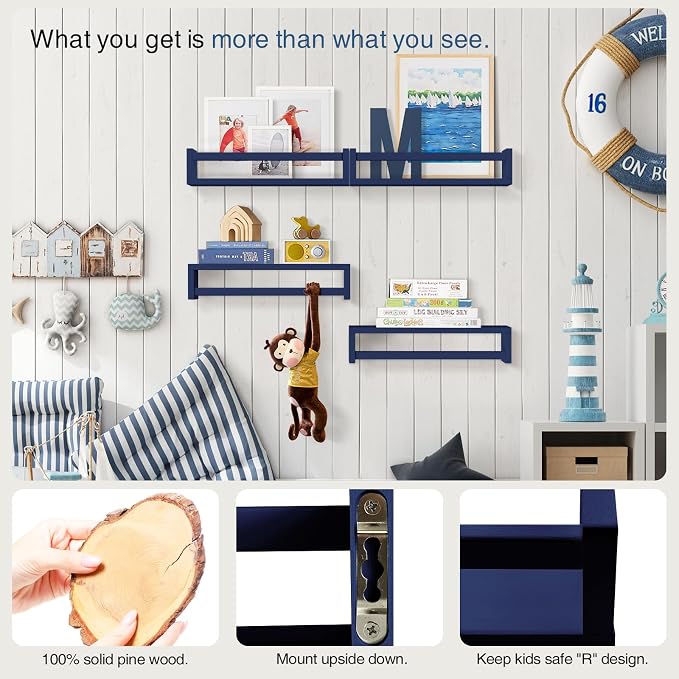 Forbena Navy Blue Floating Nursery Book Shelves for Kids Room Wall, Decorative Wall Bookshelf for Baby Boy Bedroom, Small Wood Hanging Bookshelves Wall Mounted for Little Boys Room Bathroom (Set of 4)