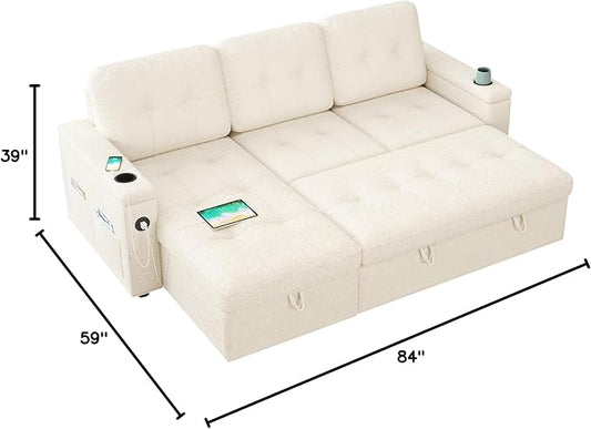 PaPaJet 84 Inch Pull Out Couch, Sleeper Sofa with Storage Chaise, Tufted L Shape Convertible Couch with 2 USB & Cup Holders, Boucle White