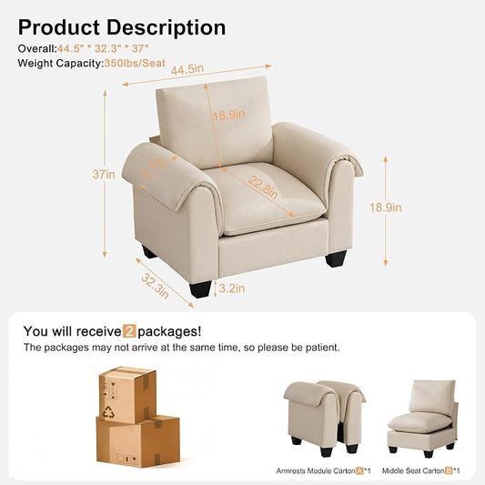 44.5" Faux Leather Single Sofa, Oversized Accent Chair with Curved Armrests, Cloud Modern Sofa Upholstered Deep Seat Reading Chair Armchair for Living Room, Bedroom,Beige