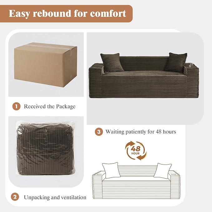 2 Pcs Living Room Cloud Sofa Set, Boneless Sofa Couches with Cup Holder with Side Pocket for Compact Living Rooms, Apartments (Brown, Single Chair and 3 Seat Sofa)