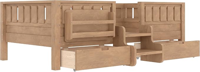 Bellemave Twin Size Kids Bed with high Rails and with Built-in Bookshelf and Drawers for Kids, Girls, Boys, Wood Montessori Bed Without Door, Natural