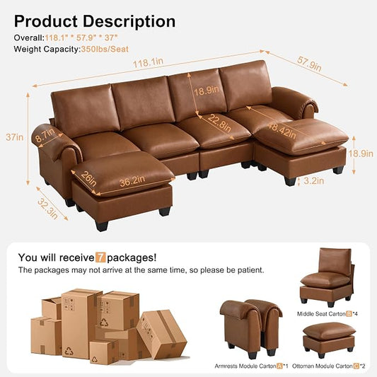 118" Faux Leather Modular Sectional Sofa with 2 Ottoman, Oversized 4 Seater Couch with Curved Armrests, Cloud Modern U-Shaped Sofa Deep Seat for Living Room, Brown