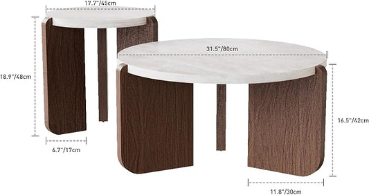 COSIEST Modern Round Coffee Table & Side Table Set, Faux Marble Wood Top, Walnut & Cream White Legs, Minimalist Living Room Center & Accent Table(2 PCS)