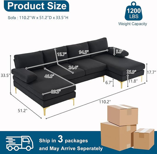 VINGLI 110" Modern Sectional Couch with 51" D Double Chaise, Black Deep Seat U Shaped Couch with Removable Pillows & Metal Legs, Comfy 4-Seat Sofas for Living Room, Linen Fabric
