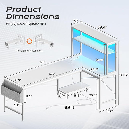 PRAISUN L Shaped Gaming Desk with LED Lights & Power Outlets, Reversible Computer Desk with Storage Shelves & Bag, Large Corner Home Office Desk with Pegboard for Work from Home, White