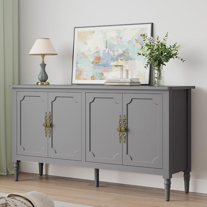 RoyalCraft 118" Buffet Cabinet with Storage, Vintage Sideboard with Adjustable Shelves, Mid Century Modern Painted Credenza Coffee Bar for Kitchen, Dining Room, Entryway, Living Room, Dove Gray