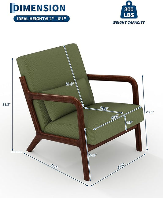 Garvee Mid-Century Modern Accent Chair, Fine Wale Corduroy Upholstery, Solid Wood Armchair with Removable Lumbar Pillow, Sturdy Reading Chair for Living Room, Bedroom, Guest Room, Easy Assembly, Green
