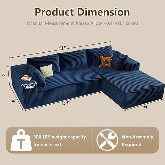 96" Modular Sectional Couch, Boneless L Shaped Cloud Sofa with Chaise Lounge, Corduroy Upholstered Couches Memory Foam Deep Seat, No Assembly Required, Ideal for Living Room(Blue, Right Facing)