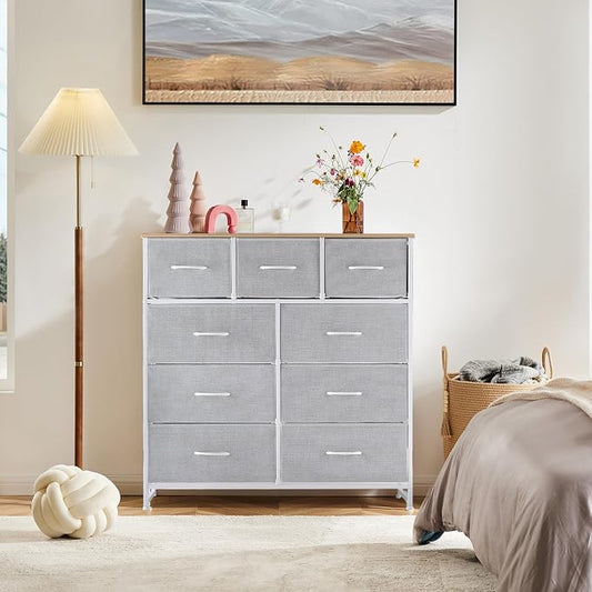 DUMOS 9 Drawer Dresser for Bedroom, Storage Organizer Chest of Drawers | Fabric Bins Storage Tower with Sturdy Metal Frame, Wood Tabletop for Closet, Light Grey