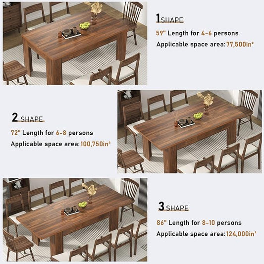 59"-86" Extendable Dining Table for 6-10 Person, Wooden Dining Room Table, Modern Extendable Table for Gatherings, Meeting for Small Kitchens, Dining Office Areas(Walnut)